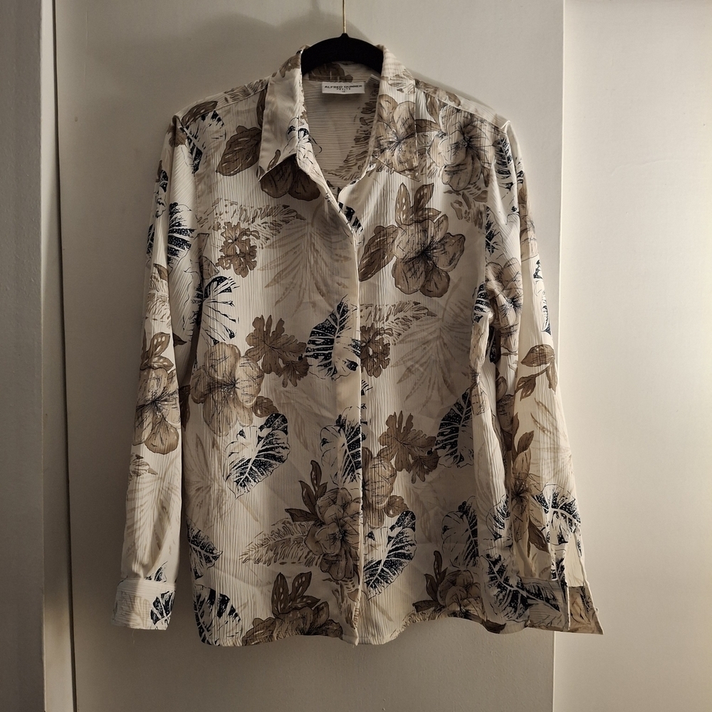 Alfred Dunner Women's Cream, Brown, And Black Floral Long Sleeve Blouse